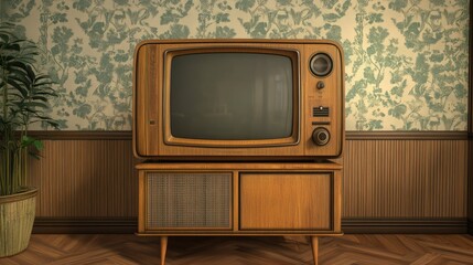 Classic Wooden TV Set in a Vintage Living Room With Patterned Wallpaper and Wooden Paneling