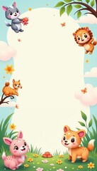 Fototapeta premium Cute cartoon animals playing in a vibrant nature scene with a blank space for text and messages
