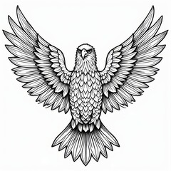 Obraz premium A detailed black and white illustration of an eagle with spread wings, showcasing its majestic features and intricate feather patterns