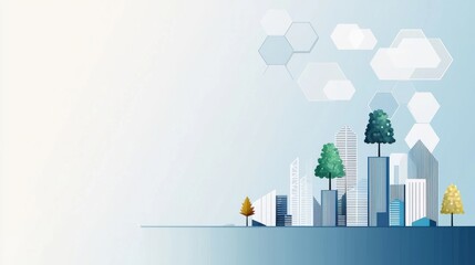 Obraz premium Modern city skyline with trees, abstract design, white background.