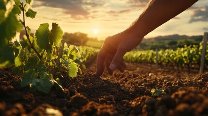 Hand touching soil in vineyard at sunset. Agriculture and viticulture concept. Design for wine industry, educational agricultural content.