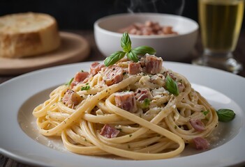 Traditional Italian pasta Carbonara, Spaghetti with bacon, egg and parmesan cheese