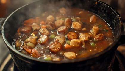 Chicken and sausage gumbo simmering in an iron kettle, full of flavor  
