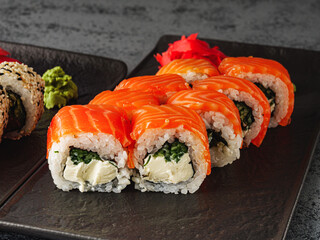 Fresh Sushi Rolls with Salmon and Tuna, Japanese Cuisine on a Gourmet Seafood Plate
