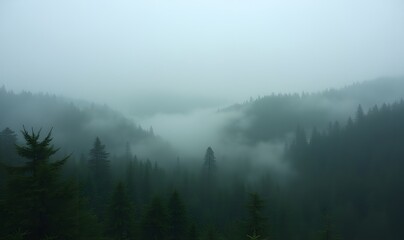 Foggy forest stretches from high above with misty terrain below.