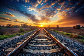 Fototapeta premium silhouetted train tracks disappearing into the distance wide angle
