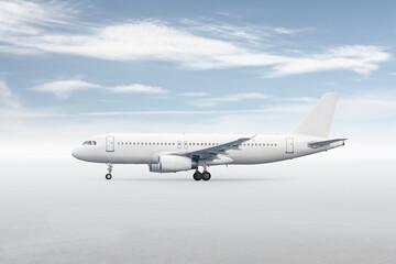 White passenger jetliner isolated on bright background with sky