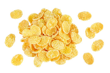 Cornflakes isolated on white background. Top view. Flat lay.