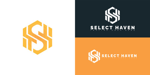 Modern initial hexagon vector letter SH or HS logo in orange color isolated on multiple background colors. The logo is suitable for product recommendation blog logo design inspiration templates.