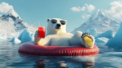 A Relaxed Polar Bear Lounging on a Floatie in Arctic Water