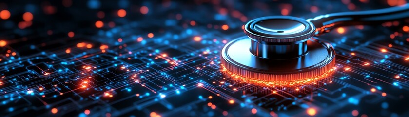 A futuristic stethoscope placed on a digital background, symbolizing the integration of technology and healthcare.