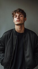 Obraz premium Stylish young man in a black bomber jacket posing confidently against a neutral background, showcasing modern fashion and attitude.