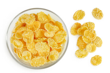 Cornflakes in glass bowl isolated on white background. Top view. Flat lay