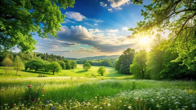 summer meadow landscape with lush greenery silhouette