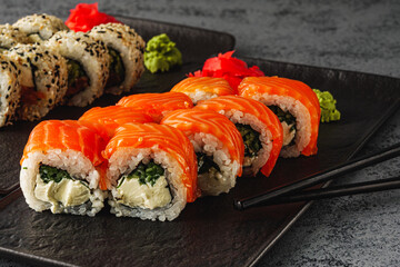 Fresh Sushi Rolls with Salmon and Tuna, Japanese Cuisine on a Gourmet Seafood Plate
