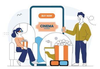 People buy movie ticket online. Woman and man with popcorn and 3d glasses near smartphone. Cinema industry and cinematography. Leisure and entertainment. Linear vector illustration