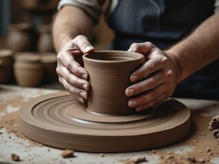 Close-up of a potter's hands shaping a clay pot on a pottery wheel, showcasing traditional craftsmanship and the creative process of pottery making