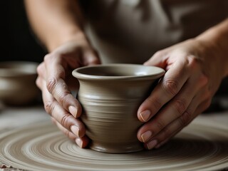 Close-up of hands shaping a clay pot on a pottery wheel, capturing the intricate craftsmanship and tactile artistry of pottery making