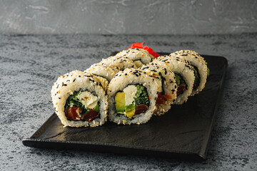 Fresh Sushi Rolls with Salmon and Tuna, Japanese Cuisine on a Gourmet Seafood Plate