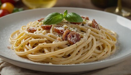 Traditional Italian pasta Carbonara, Spaghetti with bacon, egg and parmesan cheese