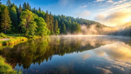 Thick morning fog in a summer forest near a reservoir