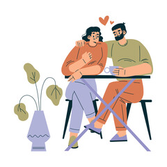 Man and Woman Couple in the Cafe Sitting at Table Enjoy Drink and Communicate Vector Illustration
