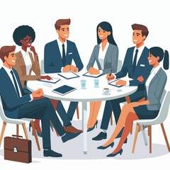 Partners meeting for business discussion with documents and laptop on desk. Couple at round table, speaking, discussing work, partnership. Flat vector illustration isolated on white background
