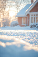 Fluffy white snow on perfect lawn on a backdrop of residential house backyard. Winter season, sunny day outside.