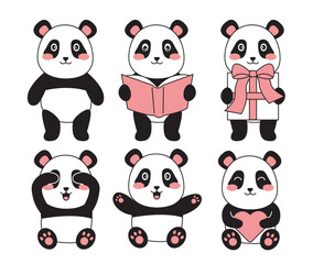 Set of cute pandas. Asian black and white animals with heart, giftbox and book. Chinese teddy bear toy. Romantic present. Linear vector collection