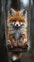 Obraz premium A cute little fox sitting on a swing, big blue eyes, fluffy ears, soft fur, playful expression, natural light, HD photography style, cute pet wallpaper, high resolution, macro lens focused shooting, 