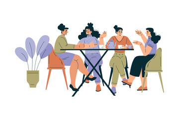 Woman in the Cafe Sitting at Table Enjoy Drink and Communicate Vector Illustration