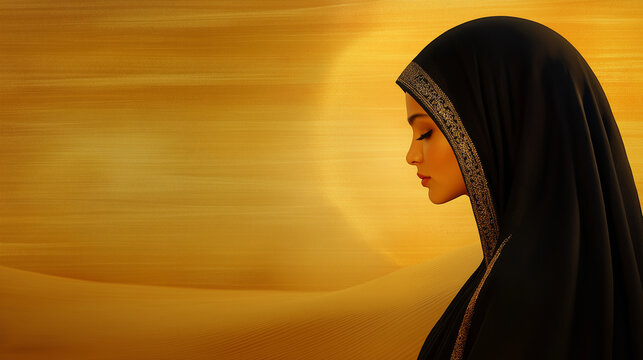 A young Emirati girl dressed in a black abaya adorned with gold, standing against the backdrop of Abu Dhabiâs heritage landscape. She is reciting a poem with heartfelt expression,