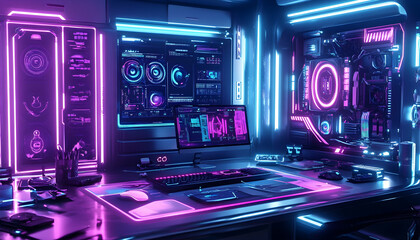 Obraz premium Cyber World of Expensive Gadgets, A Futuristic Desk with Neon Lights and Advanced Tech Devices 