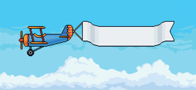 Pixel art of an airplane towing a blank advertising banner over a clear blue sky with clouds during a sunny day, 8 bit style game background