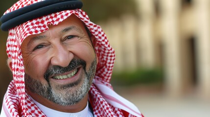 Portrait of a Smiling Middle Eastern Man Wearing a Traditional Keffiyeh Headscarf