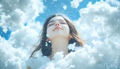 Naklejka premium Dreamy Girl Among the Clouds, Blue Skies and White Fluff Symbolizing Happiness and Freedom 
