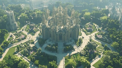 Fototapeta premium Majestic Gothic Cathedral Complex: Symmetrical Design and Lush Gardens in Full Bloom 3D Render Illustration
