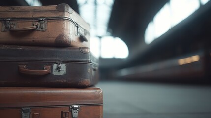 A close-up view of stacked, worn suitcases on a station platform, capturing the essence of timeless travel, nostalgia, and the charm of bygone days.