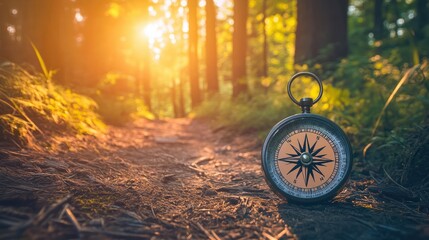 Vintage compass on a forest trail at sunset