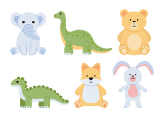 Set of plush toy. Rabbit, dog, dinosaur, teddy bear and elephant. Entertainment, fun and leisure. Cute pets for children. Flat vector collection