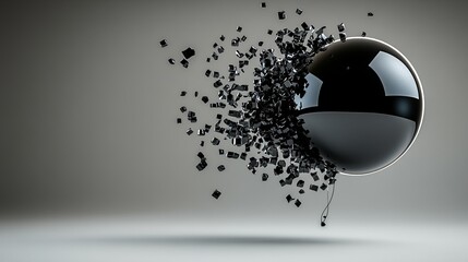 A black sphere explodes into smaller fragments on a gray background.