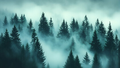 Fototapeta premium Emerald trees shrouded in a mystical layer of fog 