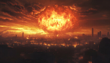 Epic End of the World Scene, Apocalyptic Doomsday with Nuclear Destruction, Illustrated Chaos 