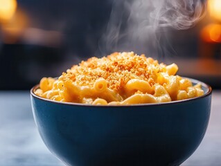 Deliciously creamy baked macaroni and cheese with crunchy topping and steam rising from the bowl