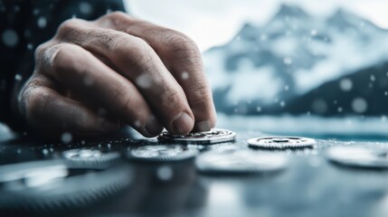 A hand places a mechanical gear on a workbench, set against the backdrop of snowy mountains, symbolizing precision, engineering, and nature's grandeur together.