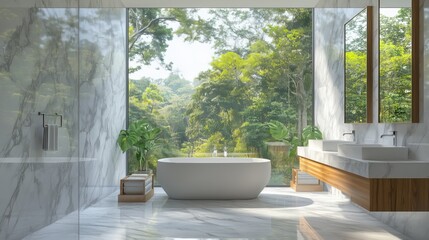 Fototapeta premium Luxury Bathroom with Breathtaking Views: Immerse yourself in a serene sanctuary where modern design meets natural beauty. This luxurious bathroom features a freestanding bathtub, sleek double vanity.