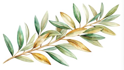 watercolor painting of sage and gold leaves on olive branch