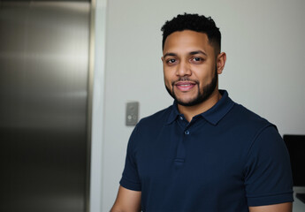 young black man in their 20s, muted polo shirt, sales representative, elevator, graceful and compelling