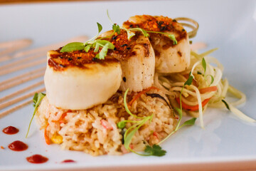 seared sea scallops over a bed of rissoto