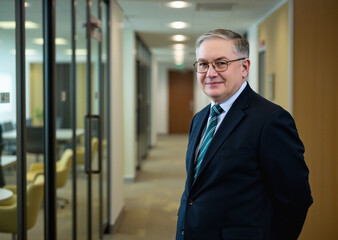 Fototapeta premium businessman in their 60s with hands behind his back, finance specialist, smart casual attire office attire, diffused light, delicate and imaginative